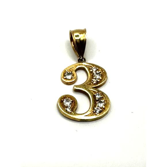 10K Yellow Gold Large Number 3 Pendant Unisex with zirconias 1.5